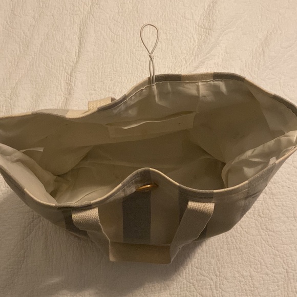 Gray & White Striped and Straw Base Beach Tote Bag Two Straps Button Closure - Picture 3 of 6